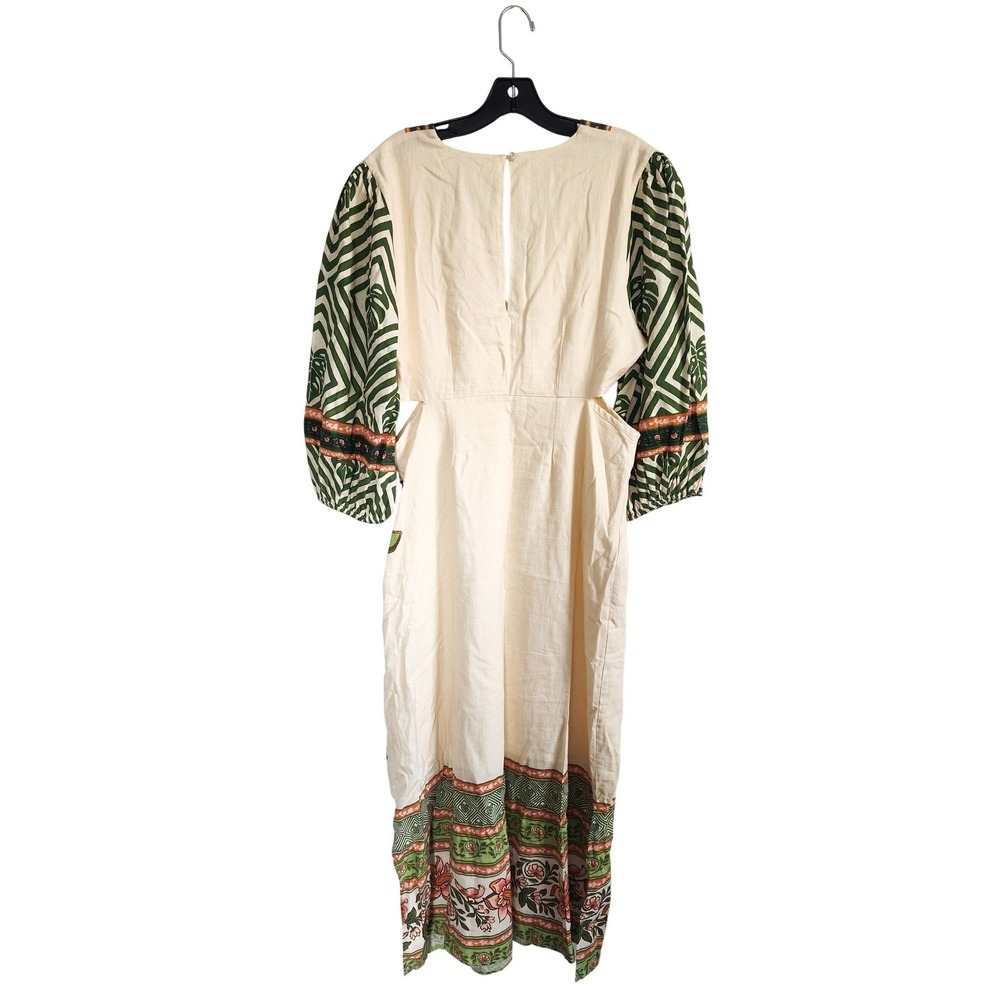 New Farm Rio Maxi Dress Large Palm Linen Blend V-Neck Cutout Puff Sleeve NWT - Picture 4 of 12